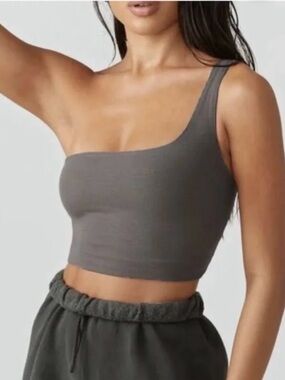 Joah Brown One-Shoulder Ribbed Crop Tank - Brown/Grey color.